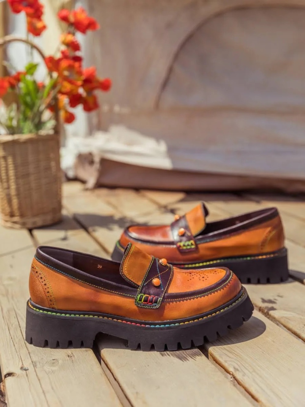 Soffia genuine leather orange platform loafers size 42 rainbow stitching pride